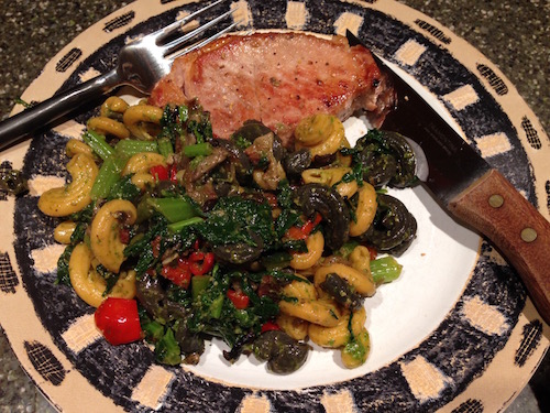 Pork Chops with Pesto Pasta, Veggies and Bacon