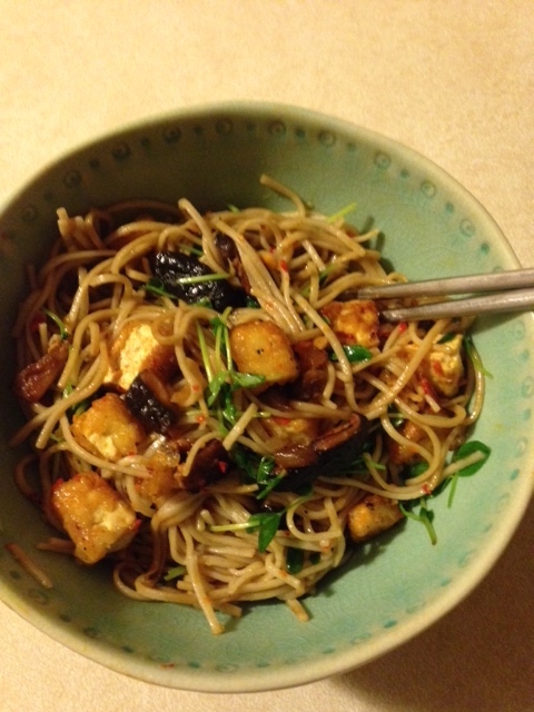 Ramen Noodles with Tofu, Shiitake Mushrooms and Pea Shoots