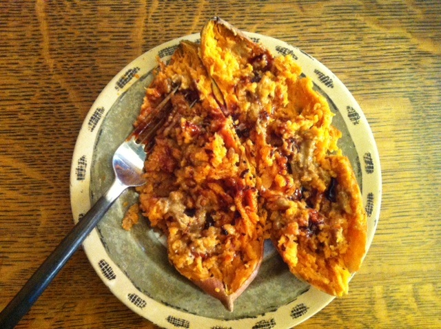 Sweet Potato with Coconut Oil, PB, and Caramel Date Sauce