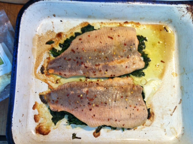 Baked Trout on a Bed of Spinach