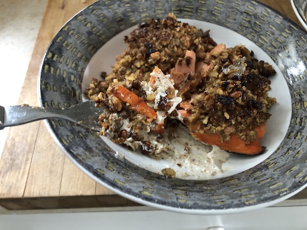 Pecan Crusted Salmon Over Mustard Sauce