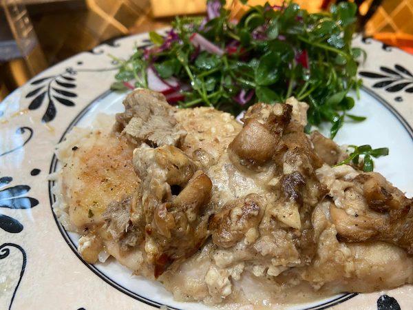 Chicken and Mushrooms with Brown Rice and Pea Shoot Salad