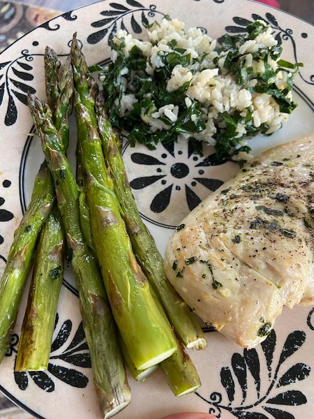 Sheet Pan Chicken and Asparagus with Kohlrabi Greens Rice