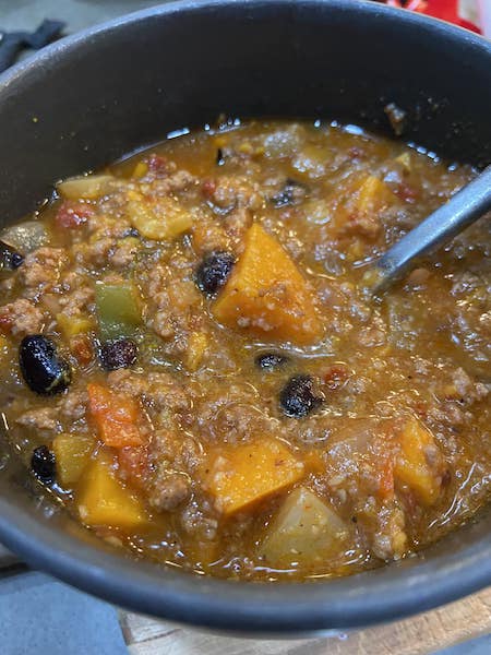Two-Meat Chili with Black Beans and Roasted Sweet Potato